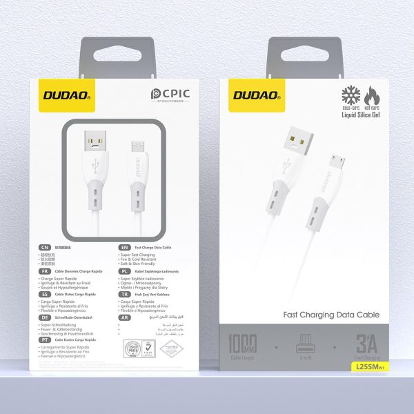 Silikona pinuma kabelis USB-A - micro USB L25SM 3A 1m - balts