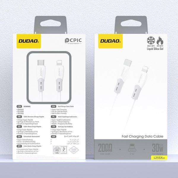 Silikona pinuma USB-C kabelis - iPhone Lightning L25SX 30W 2m - balts
