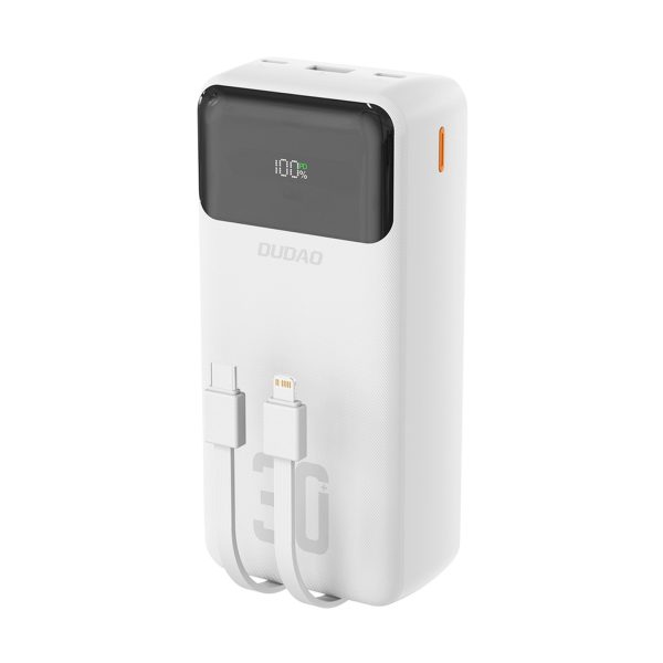 Powerbank 30000mAh USB-A USB-C K15Max PD 22.5W ar USB-C iPhone Lightning kabeļiem - balts
