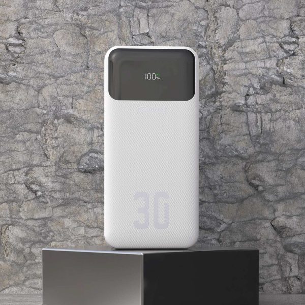 Powerbank 30000mAh USB-A USB-C K15Max PD 22.5W ar USB-C iPhone Lightning kabeļiem - balts