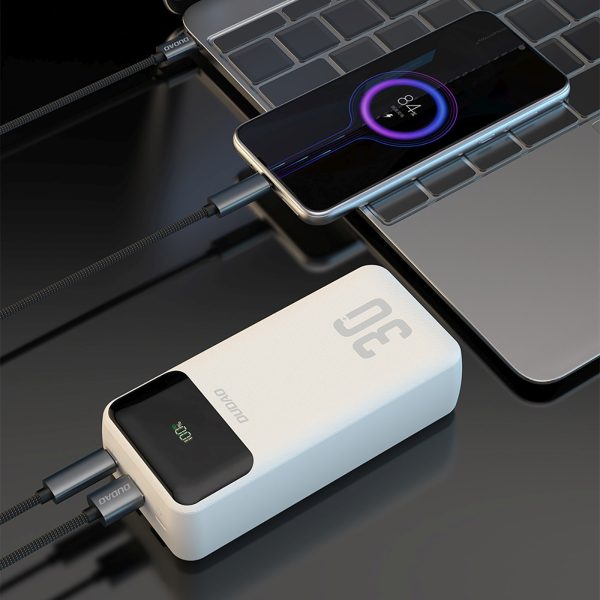 Powerbank 30000mAh USB-A USB-C K15Max PD 22.5W ar USB-C iPhone Lightning kabeļiem - balts