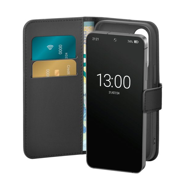 Mākslīgās ādas maciņš ar atloku un maku Samsung Galaxy S25+ bukleta maciņam - melns