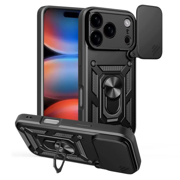 Hybrid Armor Camshield bruņu maciņš ar statīvu un kameras pārsegu iPhone 17 Pro tālrunim - melns
