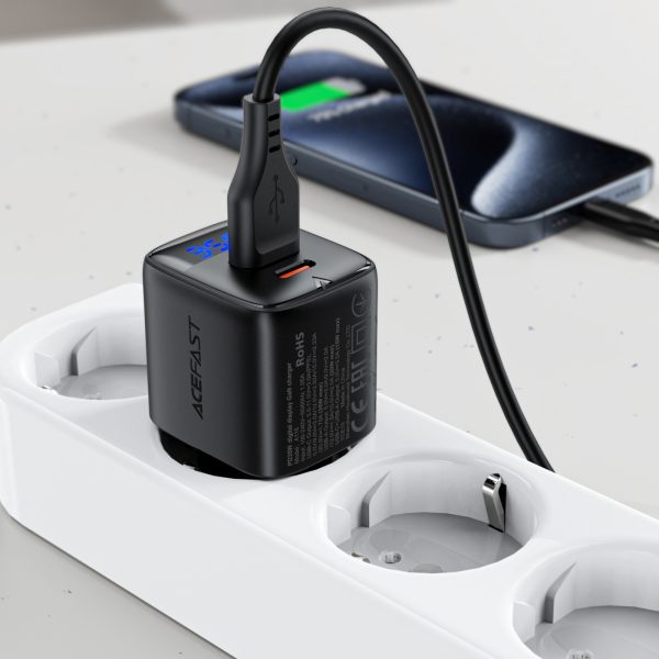 Sienas lādētājs ar displeju USB-A USB-C GaN PD 35W - melns