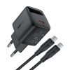 Sienas lādētājs ar displeju un USB-C GaN PD 20W kabeli - melns