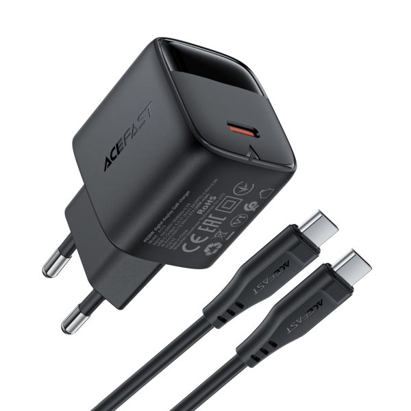 Sienas lādētājs ar displeju un USB-C GaN PD 20W kabeli - melns