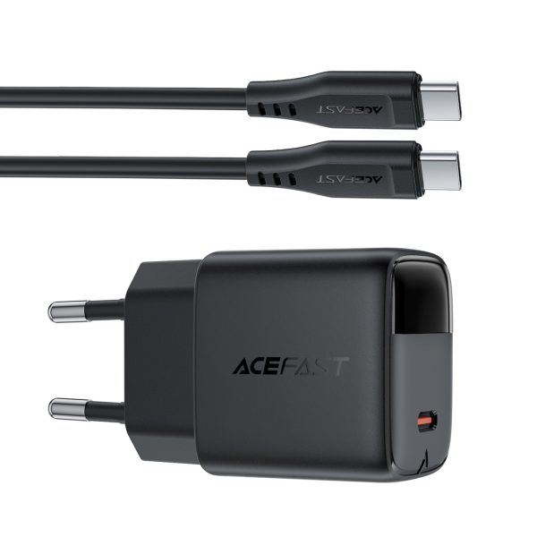 Sienas lādētājs ar displeju un USB-C GaN PD 20W kabeli - melns