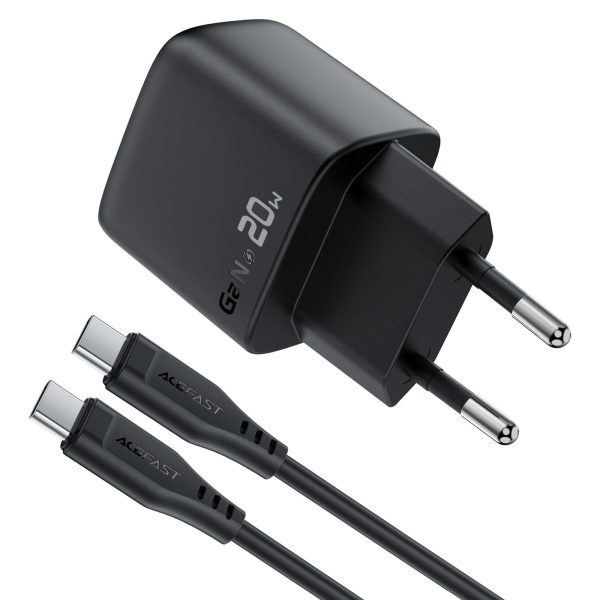 Sienas lādētājs ar displeju un USB-C GaN PD 20W kabeli - melns