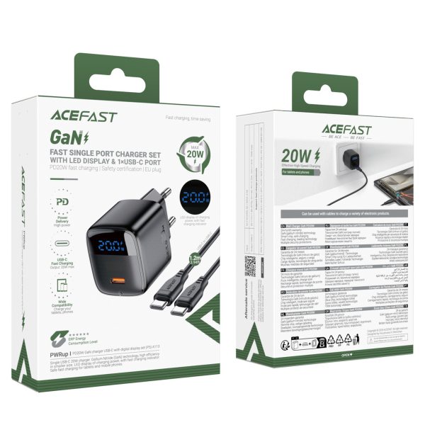 Sienas lādētājs ar displeju un USB-C GaN PD 20W kabeli - melns