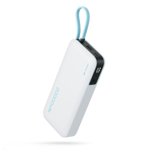 Powerbank 20000mAh USB-A USB-C ar iebūvētu USB-C kabeli 55W - balts