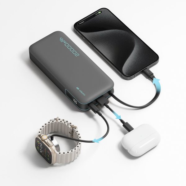 Powerbank 20000mAh USB-A USB-C ar iebūvētu USB-C kabeli 55W - balts