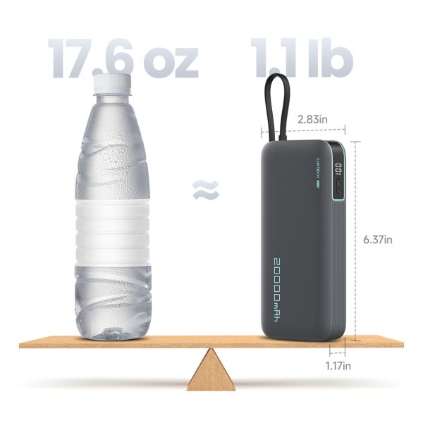 Powerbank 20000mAh USB-A USB-C ar iebūvētu USB-C kabeli 55W - pelēks