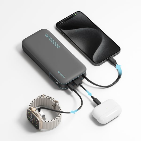 Powerbank 20000mAh USB-A USB-C ar iebūvētu USB-C kabeli 55W - pelēks