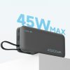 Powerbank 20000mAh USB-A USB-C ar iebūvētu USB-C kabeli 55W - pelēks