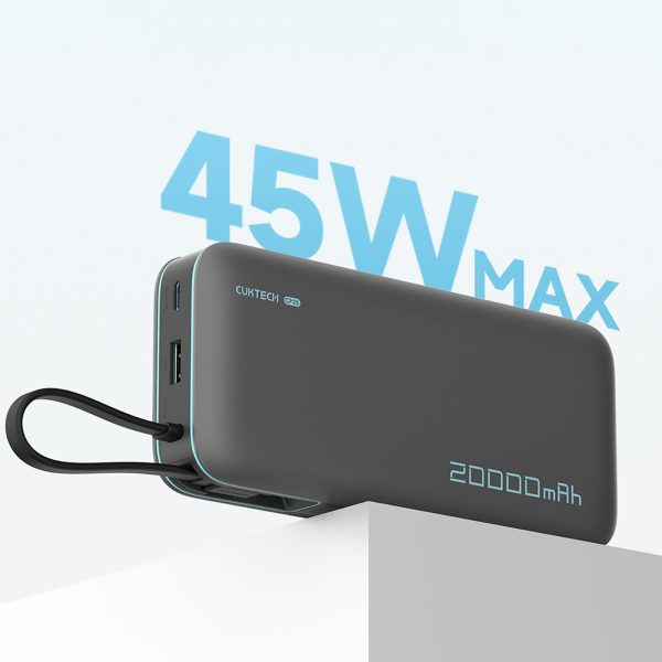 Powerbank 20000mAh USB-A USB-C ar iebūvētu USB-C kabeli 55W - pelēks