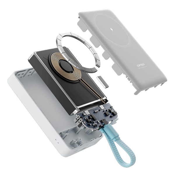 10000mAh USB-C magnētiskais pārnēsājamais akumulators ar iebūvētu USB-C kabeli - balts