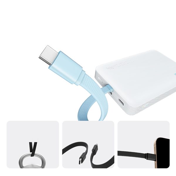 10000mAh USB-C magnētiskais pārnēsājamais akumulators ar iebūvētu USB-C kabeli - balts