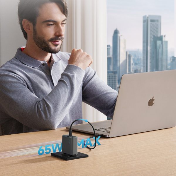 USB-C USB-A GaN 65W sienas lādētājs - pelēks