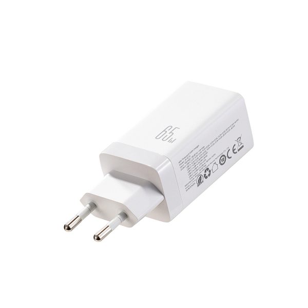 USB-C USB-A GaN 65W sienas lādētājs ar 100W USB-C kabeli 1,2 m - balts