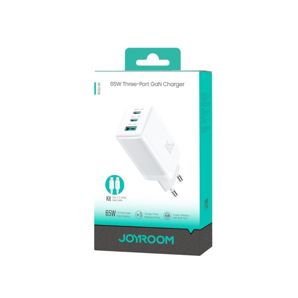 USB-C USB-A GaN 65W sienas lādētājs ar 100W USB-C kabeli 1,2 m - balts