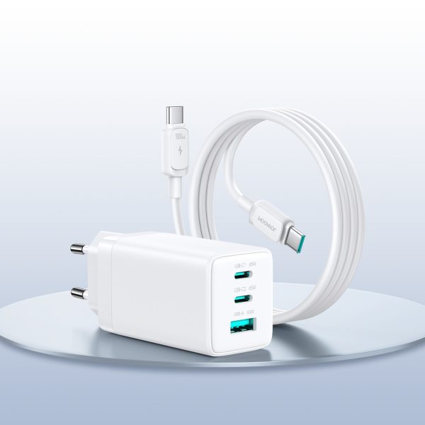 USB-C USB-A GaN 65W sienas lādētājs ar 100W USB-C kabeli 1,2 m - balts