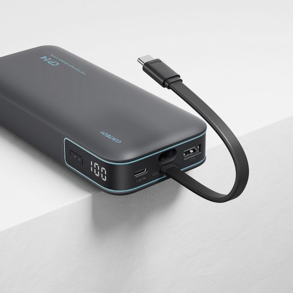 Powerbank 20000mAh USB-A USB-C ar integrētu kabeli 40W - pelēks