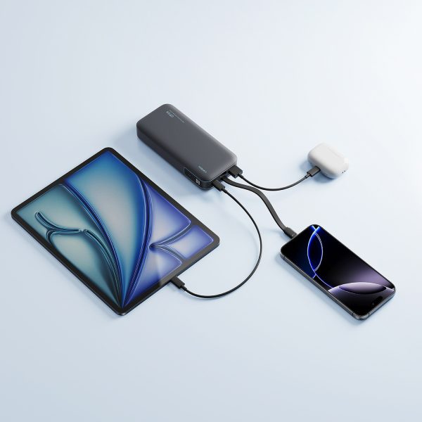 Powerbank 20000mAh USB-A USB-C ar integrētu kabeli 40W - pelēks