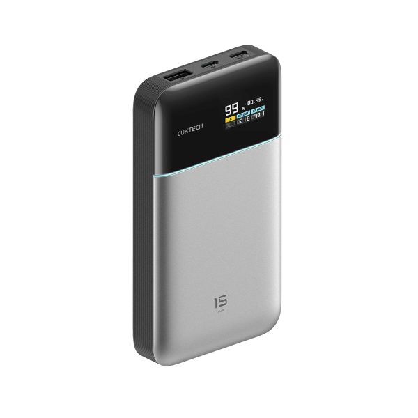 Powerbank 15000mAh USB-A USB-C 100W - pelēks