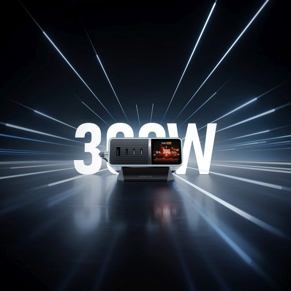 5-in-1 uzlādes stacija ar digitālo displeju USB-A USB-C 300W - sudrabkrāsas