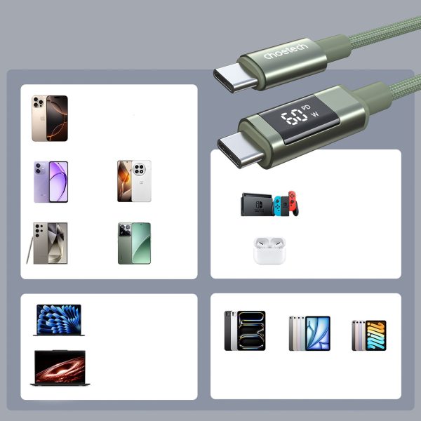 USB-C kabelis ar displeju PD 60W 1.2m - zaļš