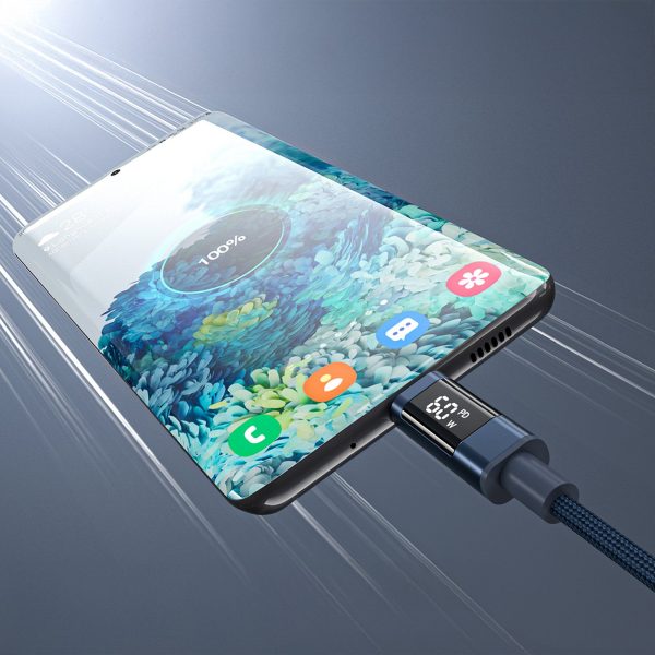 USB-C kabelis ar displeju PD 60W 1.2m - zils