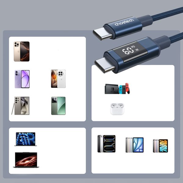 USB-C kabelis ar displeju PD 60W 1.2m - zils