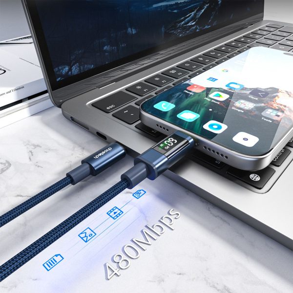 USB-C kabelis ar displeju PD 60W 1.2m - zils