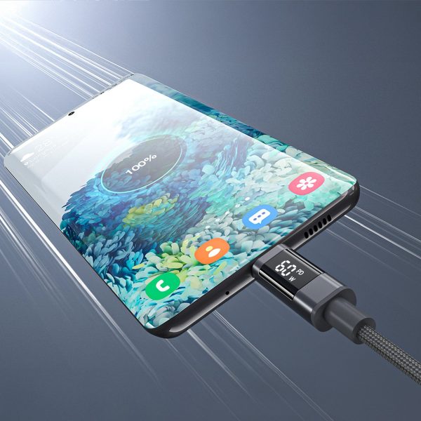 USB-C kabelis ar displeju PD 60W 1.2m - melns