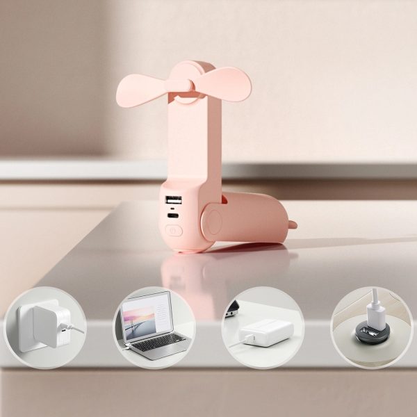 Mini portatīvais ventilators ar power bank funkciju un lukturīti, salokāms, 4500mAh USB-C - rozā