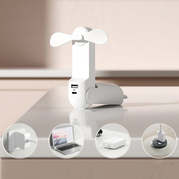 Mini portatīvais ventilators ar power bank funkciju un lukturīti, salokāms, 4500mAh USB-C - balts