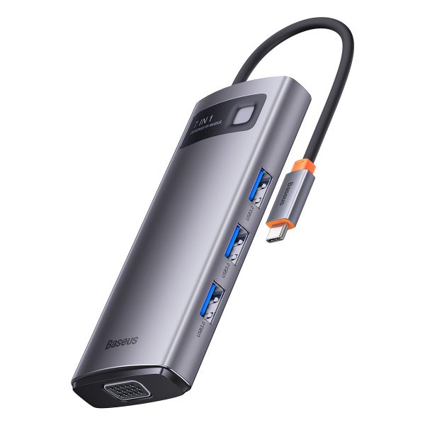 1018476-1-stacja-dokujaca-hub-7w1-usb-c-1hdmi-1v-baseus-hurtownia-sklep.jpg HUB 7in1 dokstacija USB-C 1xHDMI 1xVGA 3xUSB 3.2 1xPower Delivery RJ-45 Ethernet Pelēks