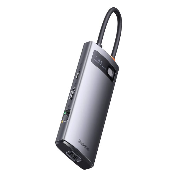1018476-2-stacja-dokujaca-hub-7w1-usb-c-1hdmi-1v-baseus-hurtownia-sklep.jpg HUB 7in1 dokstacija USB-C 1xHDMI 1xVGA 3xUSB 3.2 1xPower Delivery RJ-45 Ethernet Pelēks