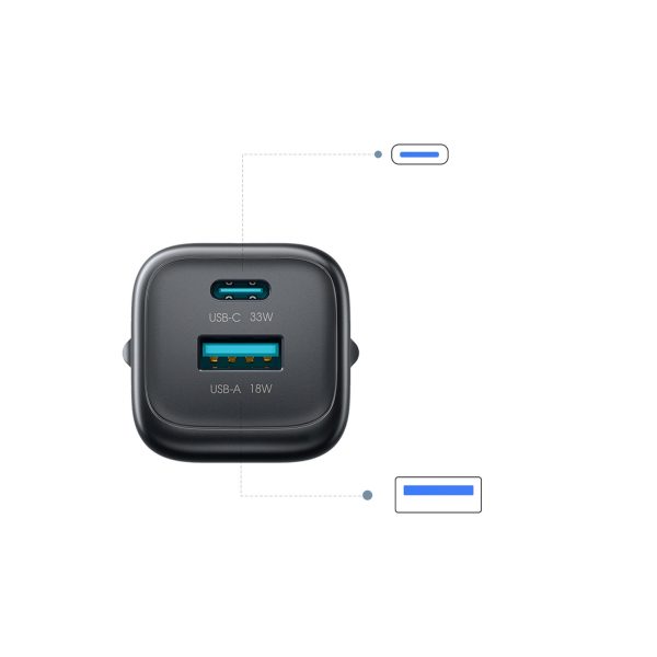 33 W USB-A USB-C sienas lādētājs ar 60 W USB-C uz USB-C 1 m kabeli - melns