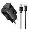 18 W USB-A sienas lādētājs ar 1 m USB-A - USB-C kabeli - melns