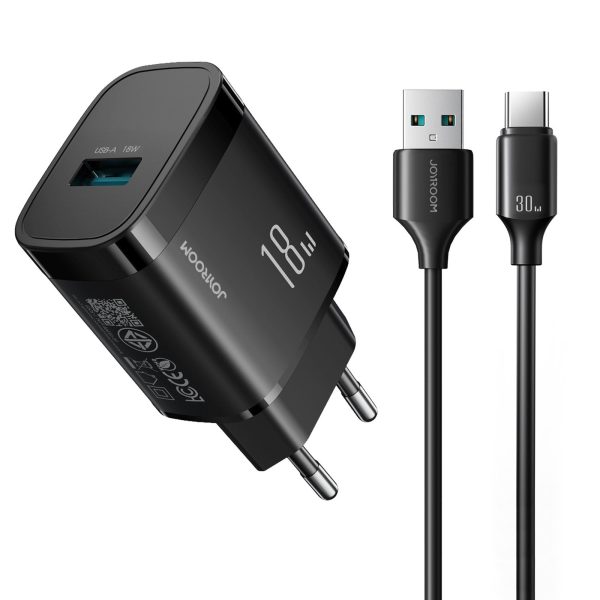 18 W USB-A sienas lādētājs ar 1 m USB-A - USB-C kabeli - melns