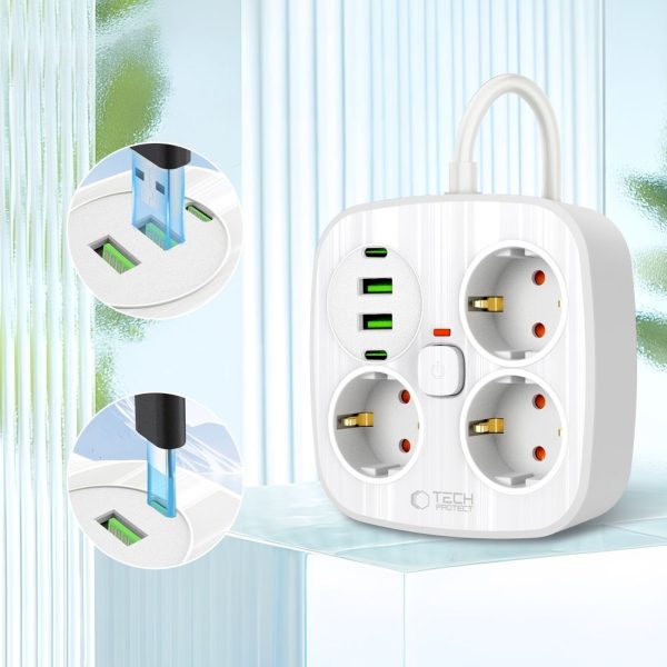 Strāvas pagarinātājs 3 ligzdas 2x USB-A 2x USB-C 200 cm - balts