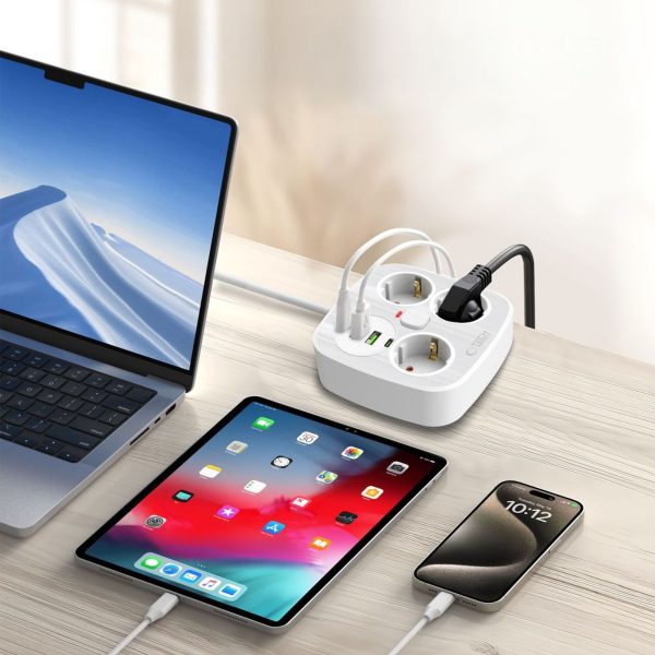Strāvas pagarinātājs 3 ligzdas 2x USB-A 2x USB-C 200 cm - balts