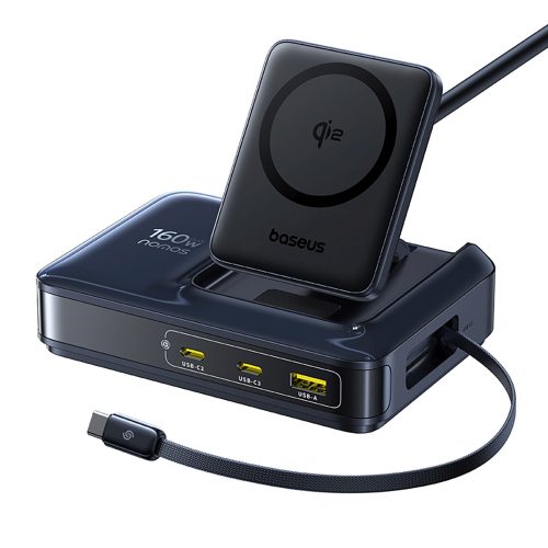 5-in-1 bezvadu uzlādes stacija USB-A USB-C ar ievelkamu Qi2 kabeli 160W - melna