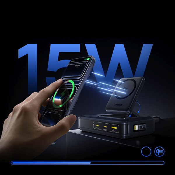 5-in-1 bezvadu uzlādes stacija USB-A USB-C ar ievelkamu Qi2 kabeli 160W - melna