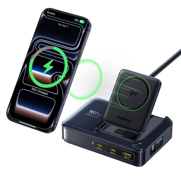 5-in-1 bezvadu uzlādes stacija USB-A USB-C ar ievelkamu Qi2 kabeli 160W - melna
