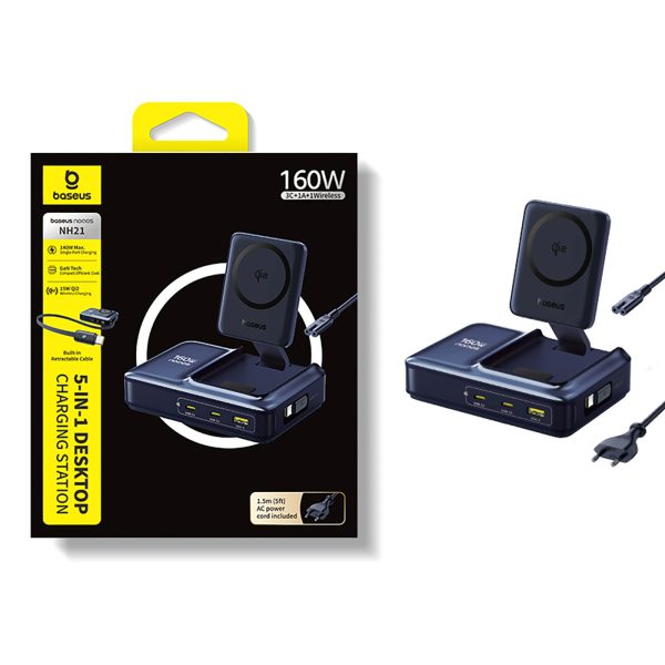 5-in-1 bezvadu uzlādes stacija USB-A USB-C ar ievelkamu Qi2 kabeli 160W - melna