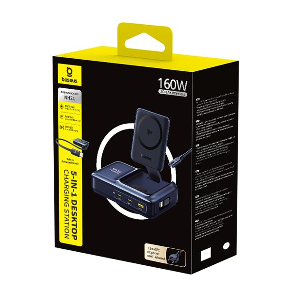 5-in-1 bezvadu uzlādes stacija USB-A USB-C ar ievelkamu Qi2 kabeli 160W - melna