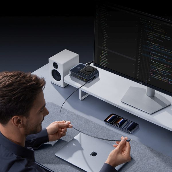 5-in-1 bezvadu uzlādes stacija USB-A USB-C ar ievelkamu Qi2 kabeli 160W - melna