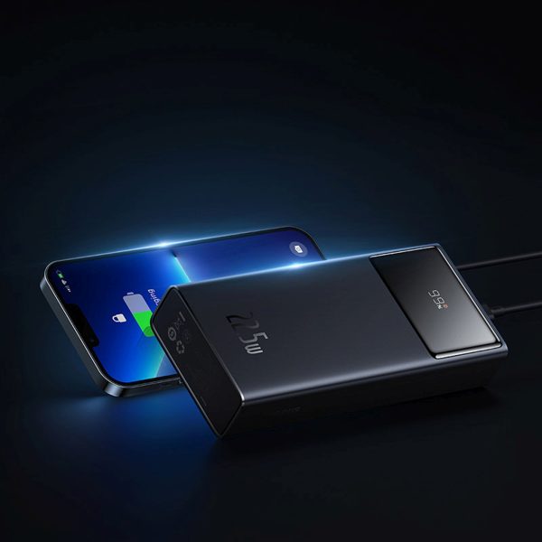 Powerbank 20000mAh USB-A USB-C ar displeja kabeli 22.5W - melns